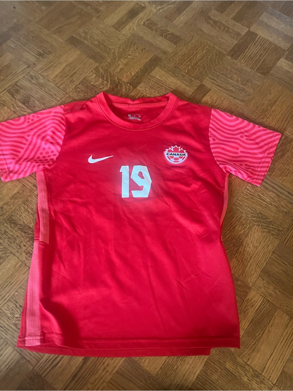 Nike Red Kids Canada Soccer Jersey with Pink Patterned Sleeves - #19 Davies